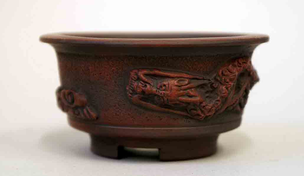 Bigei Unglazed Bonsai Pot with Dragon Relief