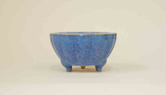 Eimei Flower Shaped Bonsai Pot in Blue Glaze with purple Crystals