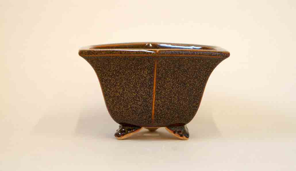 Eimei Hexagonal Pot in Brown Glaze with Orange Patina 5.3"(13.5cm)+++Shipping Free