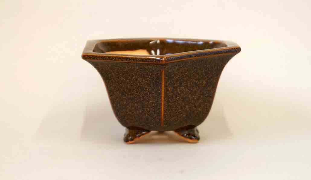 Eimei Hexagonal Pot in Brown Glaze with Orange Patina 5.3"(13.5cm)+++Shipping Free