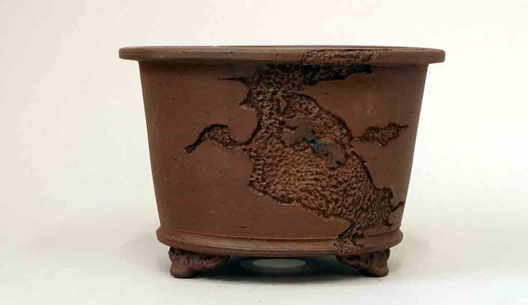 Eimei Tube type Unglazed Bonsai Pot with Worm-Eaten Design  5"(13cm)+++ Shipping Free