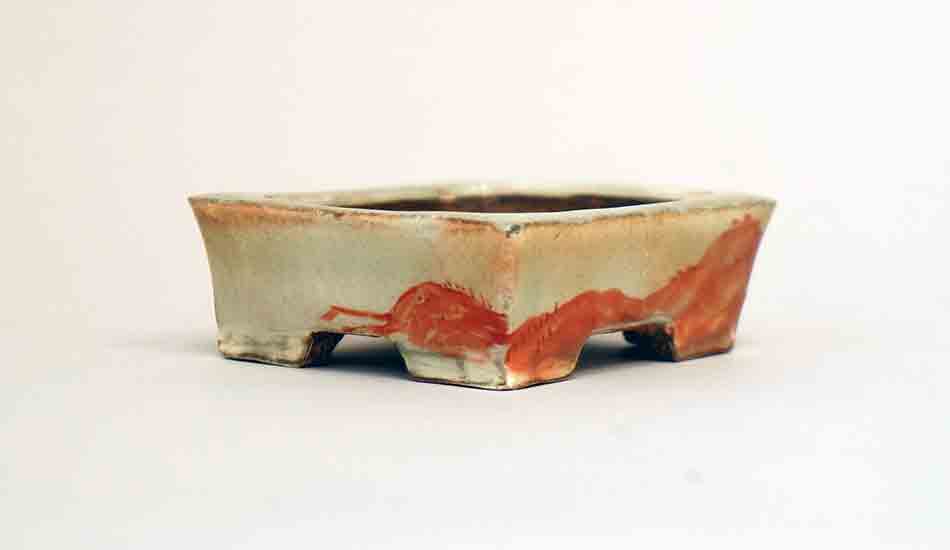 Gassan Rectangle Bonsai Pot with the Red Sun & Mountain 2.9"(7.5cm) ++Shipping Free!