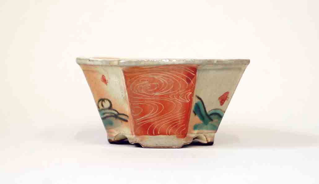 Gassan Octagonal Bonsai Pot with Red Chidori+++Shipping Free
