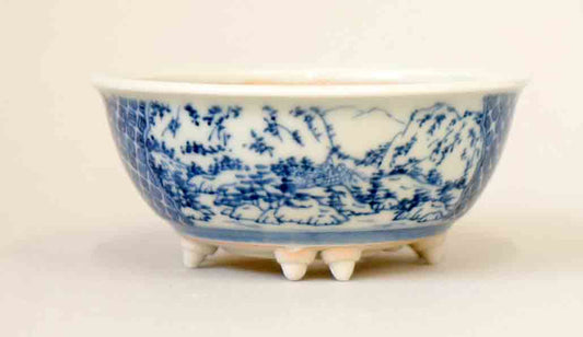Gassan Round Bonsai Pot with Landscape & Dappled Pattern Painting 4.1"(10.5cm) +++Shipping Free